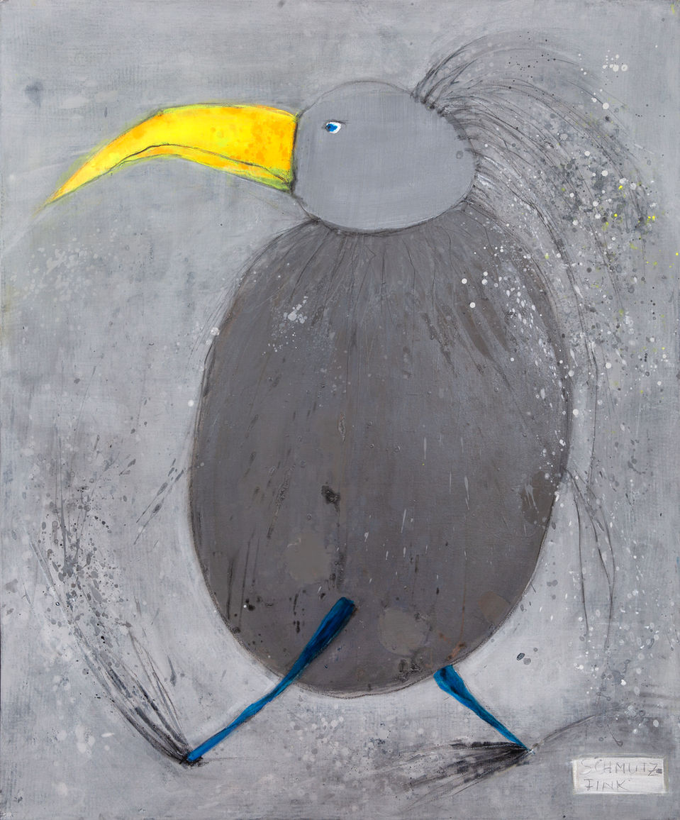 Grauer ovaler Vogel mit gelbem Schnabel und blauen Beinen - PiepART Acrylmalerei von Anne Huber, Kerschlacher Forst