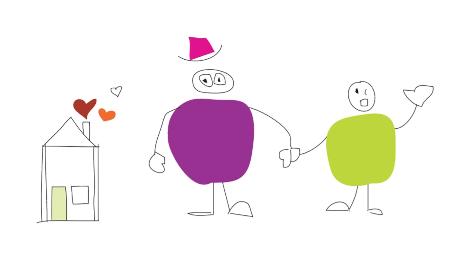 Logo der Kleinen Riesen, Kinderzeichnungen zeigen Familie mit Haus und Herzen