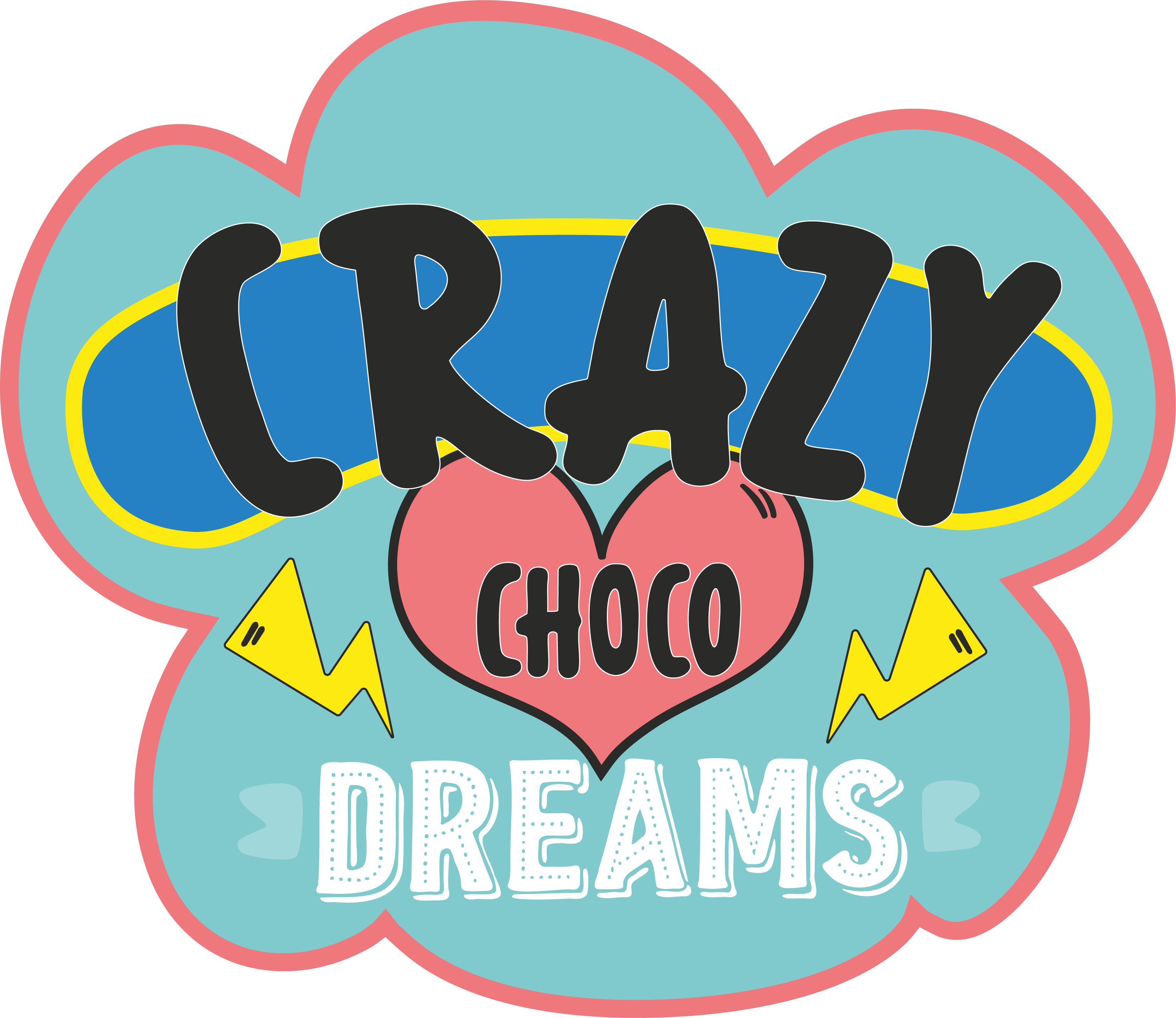 Logo von Crazy Choco Dreams - Comicstil-Design mit schwarzem 'CRAZY' Schriftzug, rosa Herz mit 'CHOCO' und weißem 'DREAMS' auf türkisfarbenem Wolken Hintergrund mit gelben Blitzen