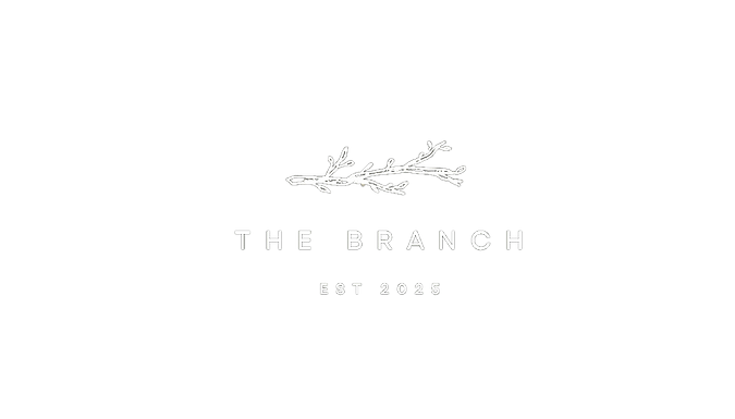 White floral logo reading: The Branch, Real estate, against black background.