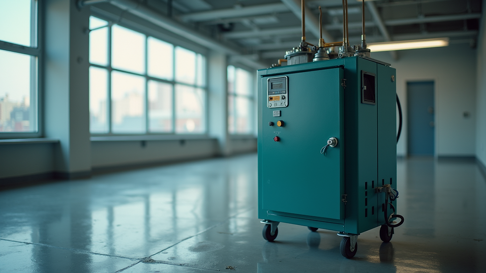 Close-up view of industrial air scrubber used for mold remediation in a commercial building