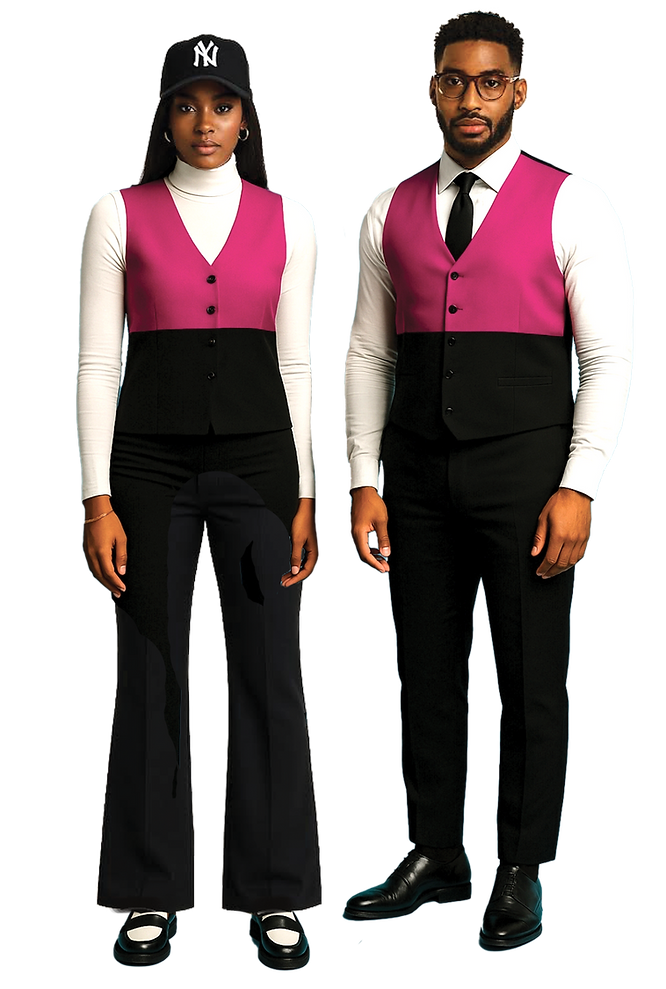Two models wearing magenta statement vests with black pants, standing against a neutral background.