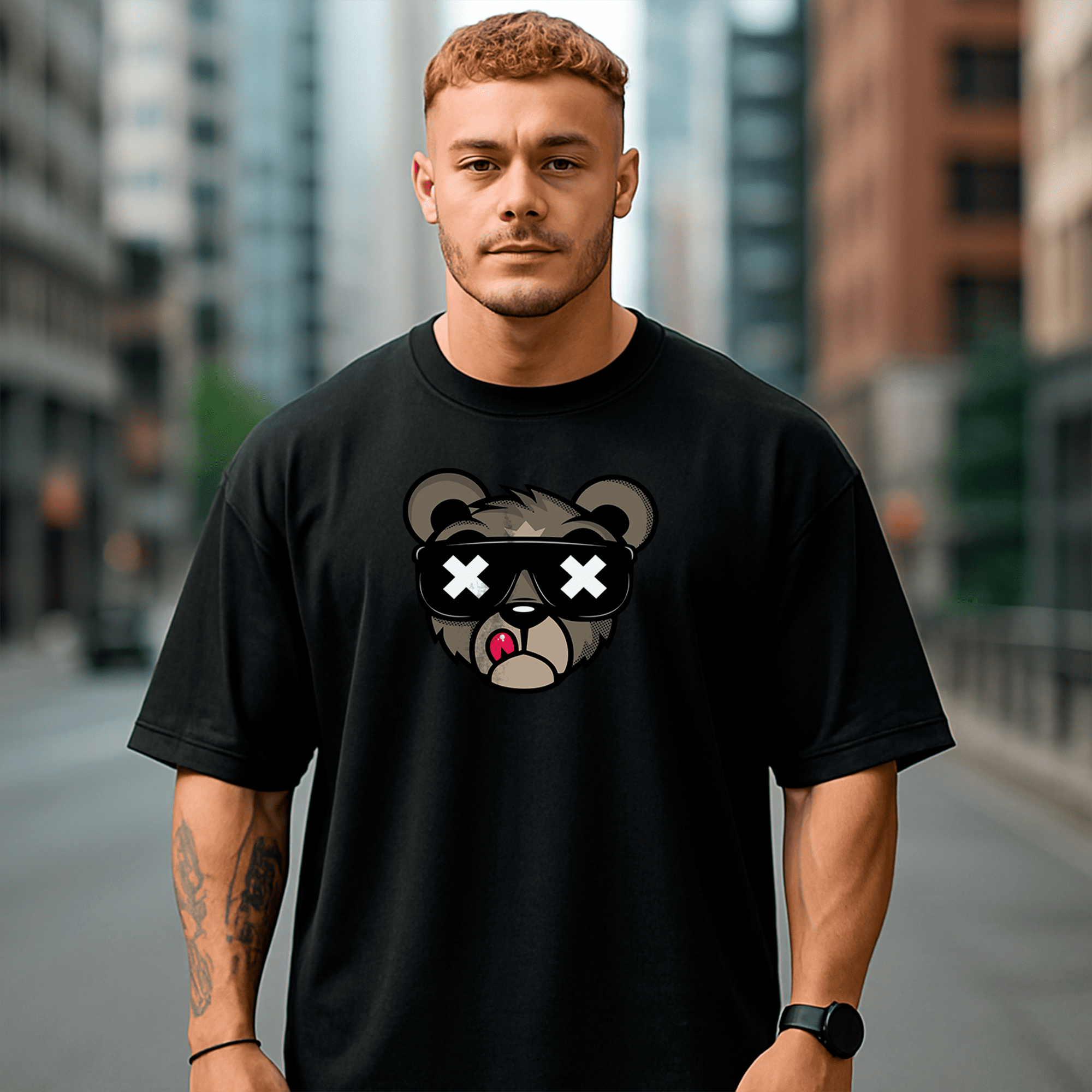 Men's T-shirt Cotton Short Sleeve Printed Bear Glasses Style and Comfort from P 