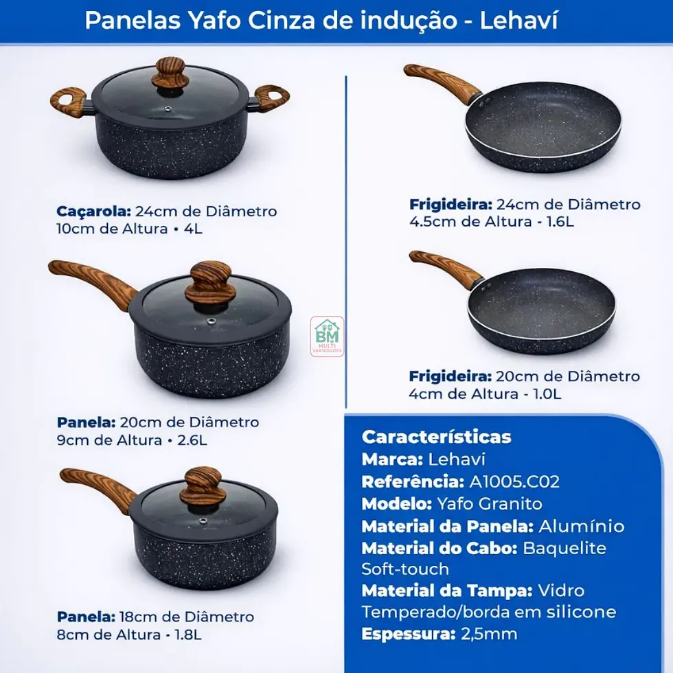 Miniatura: Jogo de Panelas 5 Peças Gás e Indução Revestido Em Cerâmica Granito Antiaderente