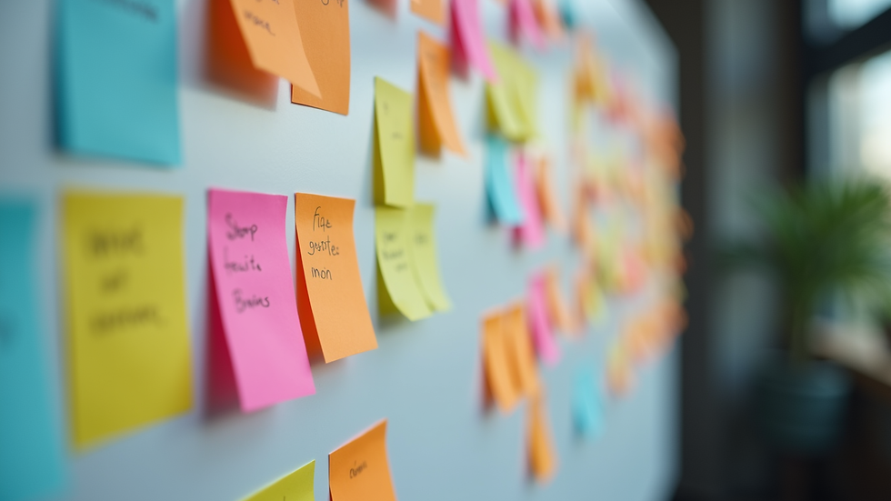 High angle view of a Scrum board with colorful sticky notes
