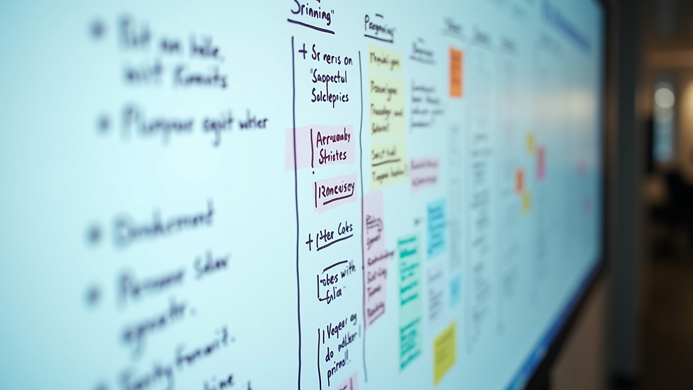 Close-up view of a digital whiteboard filled with Agile sprint planning notes