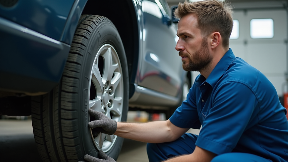Close-up view of a technician fitting a tyre on a car wheel outdoors