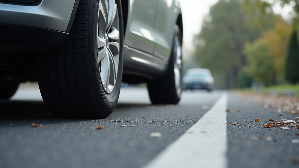 Eye-level view of a car parked on a clean road with well-maintained tyres