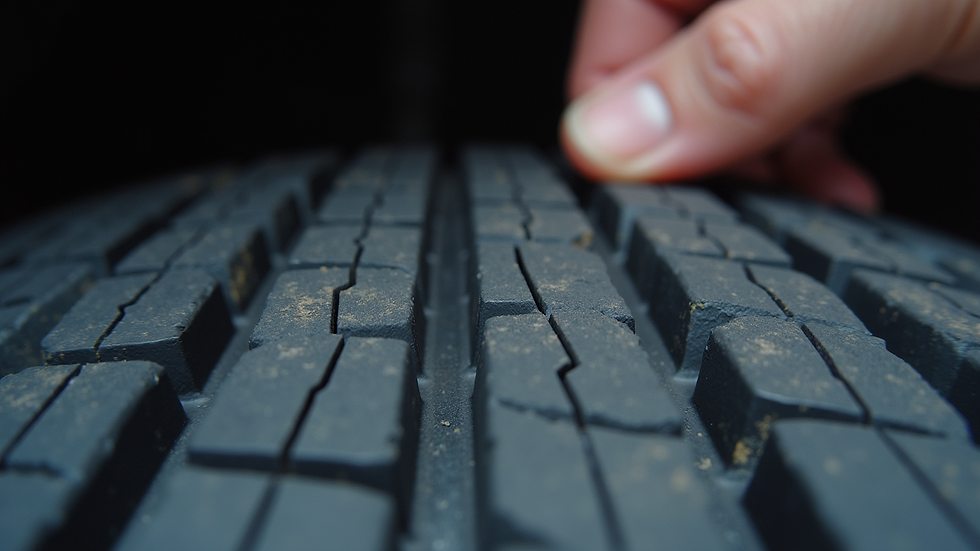 Eye-level view of a car tyre being inspected for tread depth