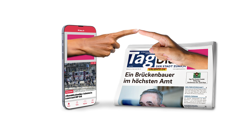 Smartphone und Tagblatt Zeitung mit sich berührenden Fingern
