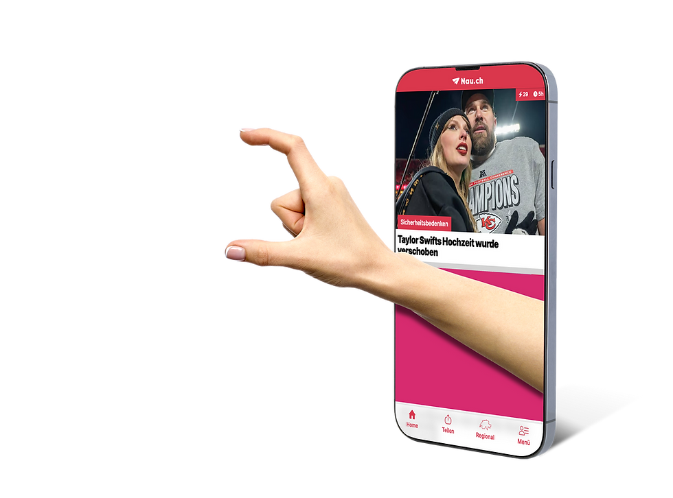 Hand ragt aus Smartphone mit Nachricht über Taylor Swift.