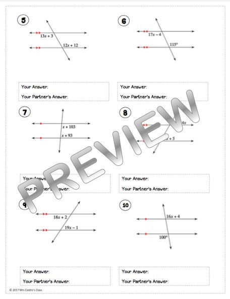 Parallel Lines Cut by a Transversal: Partner Worksheet Activity | Math  Teachers Lounge