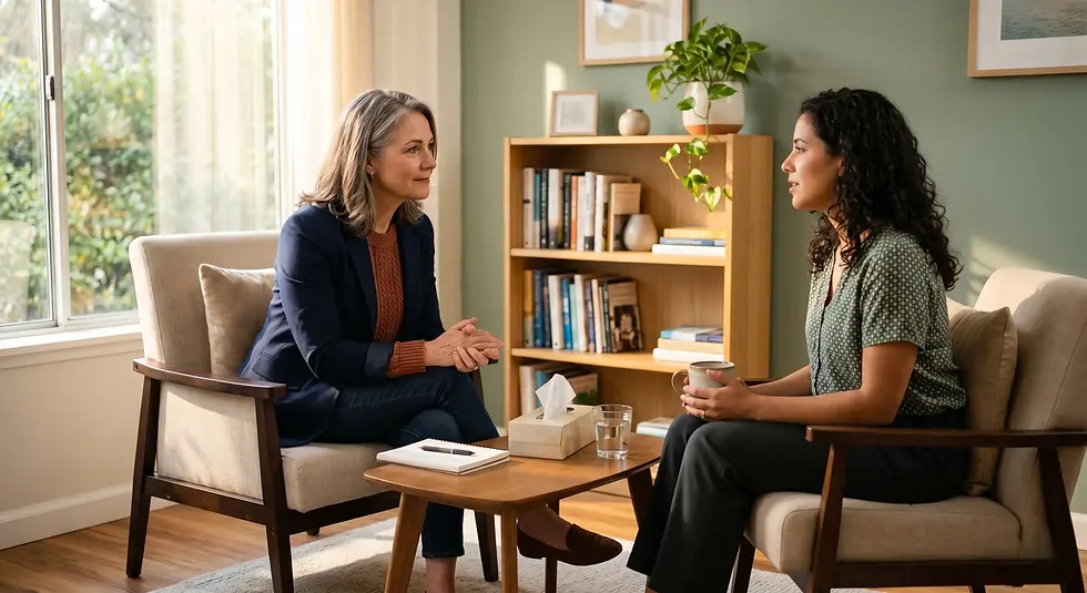 Two women sit in a cozy room with bookshelves and plants, engaged in conversation. One holds a mug, creating a warm, inviting mood.