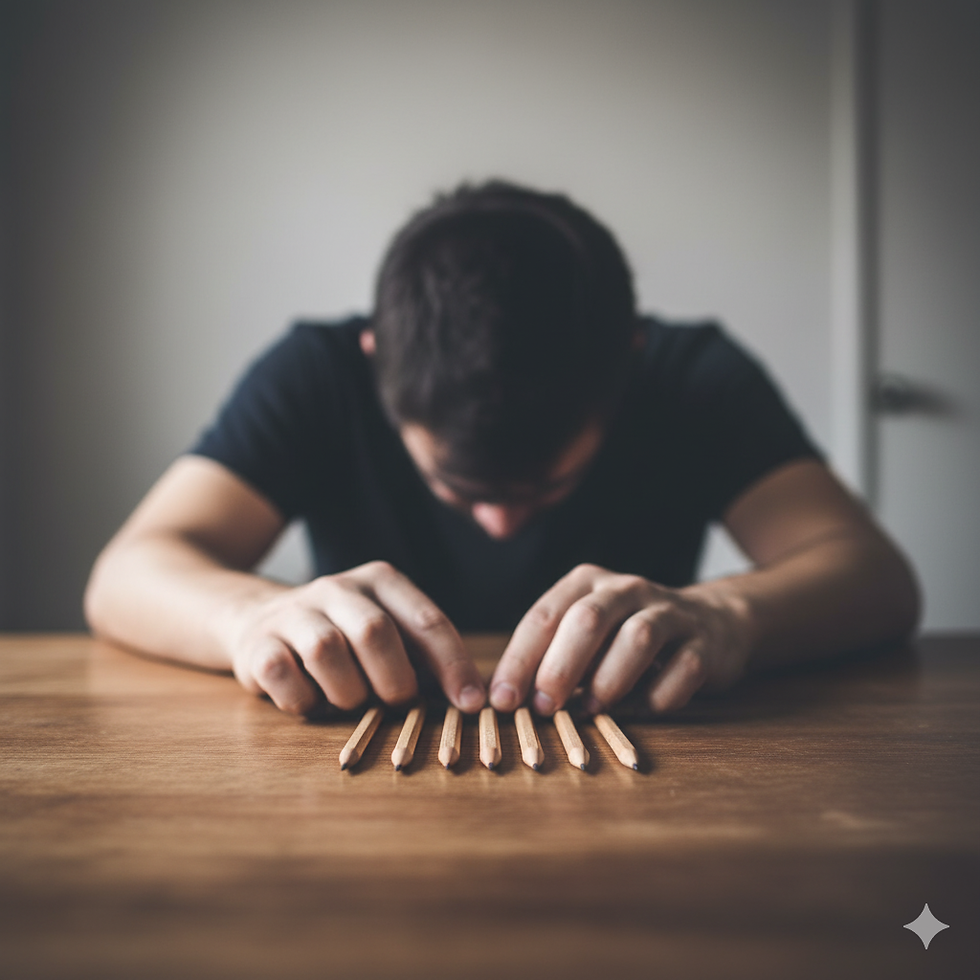 A high-quality, realistic photo showing a person's hands arranging pencils on a desk into a perfect line. The person's face is out of frame, but the posture of their body, visible in the background, looks tense and distressed, not relaxed. The lighting is soft and focused on the hands. The mood is one of anxiety, not satisfaction.