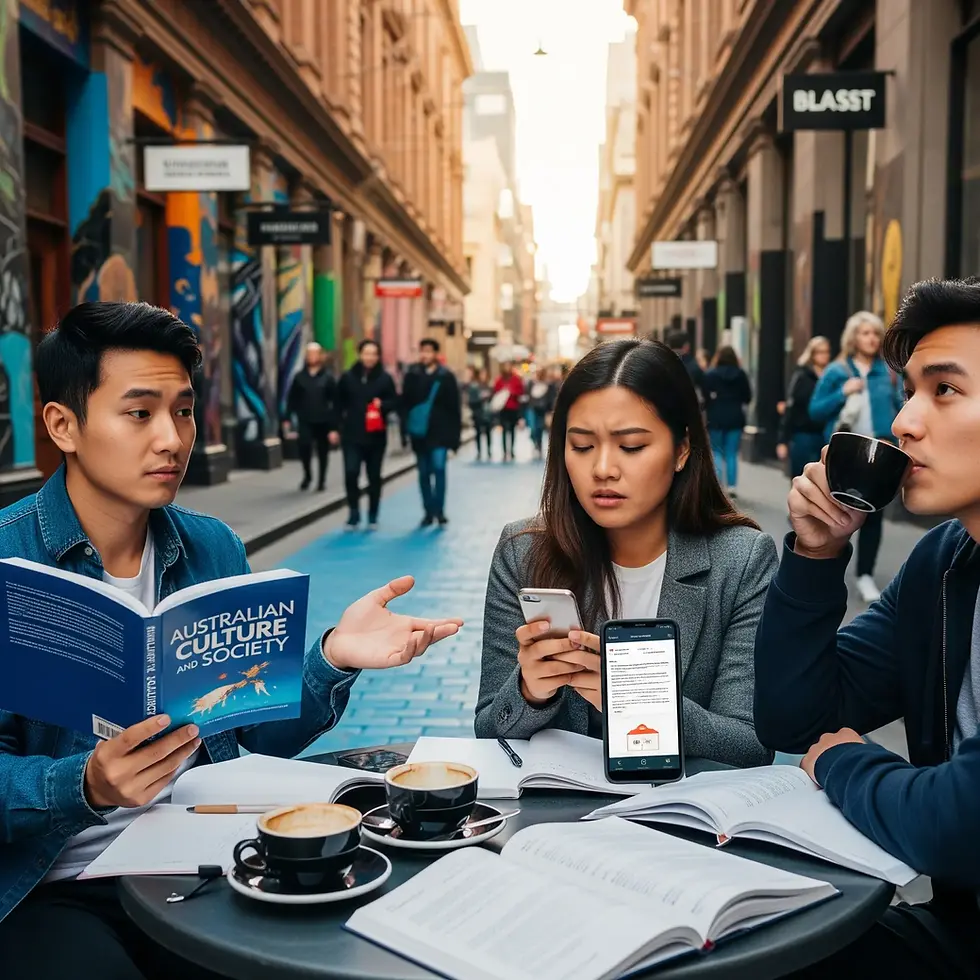 屋外のカフェで3人が座っている。1人は本を持ち、別の1人はスマートフォンを見ており、もう1人はコーヒーを飲んでいる。テーブルの上には本とカップが置かれている。メルボルンという都市の通りの風景。