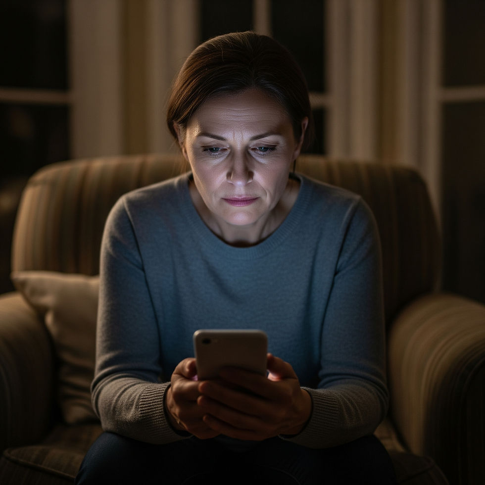 A middle-aged parent sits alone in a dark room, their face illuminated by the glow of a smartphone, showing an expression of deep worry and concern after making a difficult discovery online.