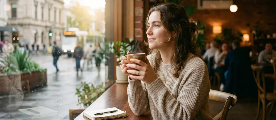 Woman in a cozy sweater sits in a cafe, holding a mug and gazing outside a rain-speckled window. Notebook on table. Warm ambiance. She isn't anxious about her eating disorder and is learning to reconnect with activities that give her joy.