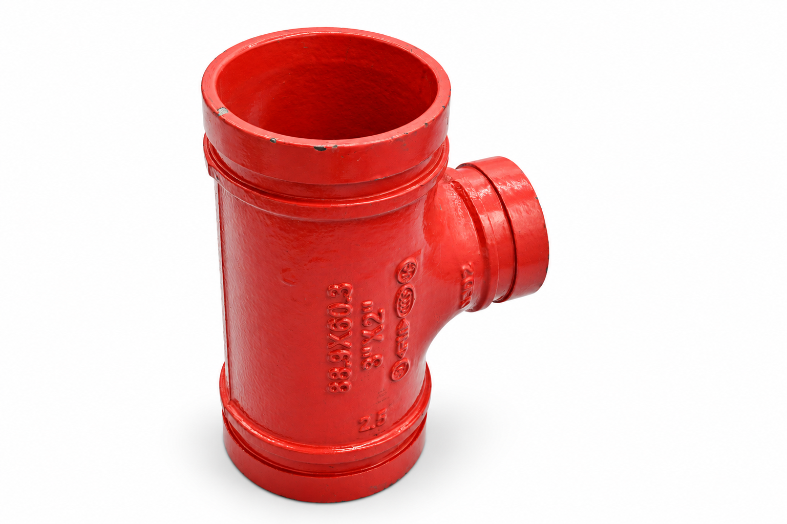 Red grooved tee with a smaller branch connection