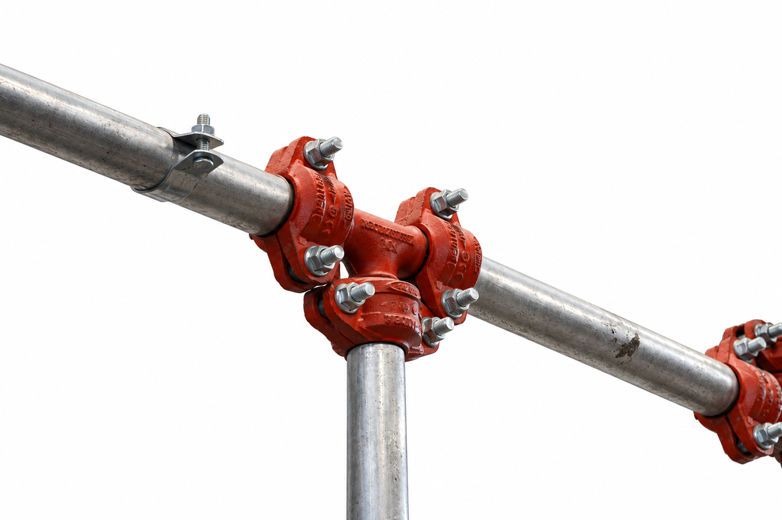 Grooved tee assembly with red couplings, aluminum pipe and a pipe support