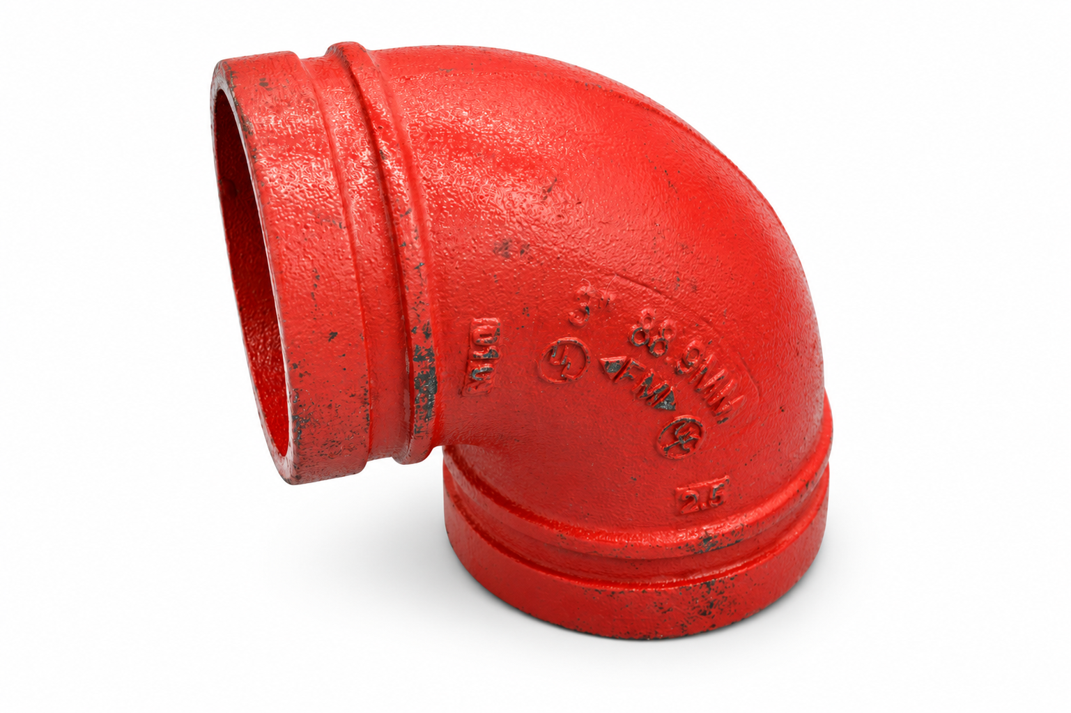 Red grooved 90-degree elbow with both grooved ends visible