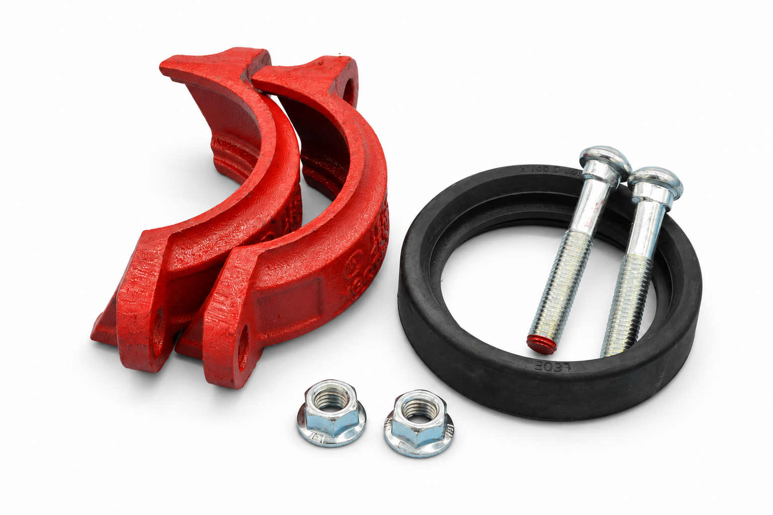 Disassembled red grooved coupling with two housings, gasket, bolts and nuts