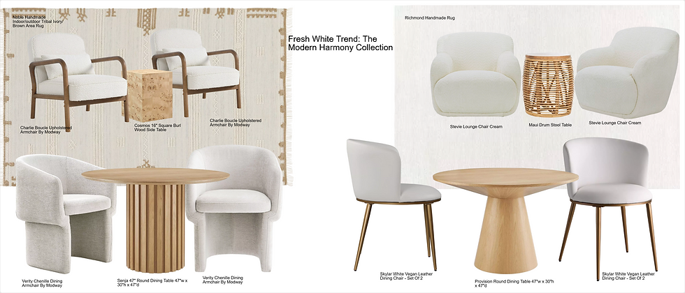 Modern furniture collage featuring armchairs, tables, and a rug. Shades of white and brown dominate. Text: Fresh White Trend: The Modern Harmony Collection.