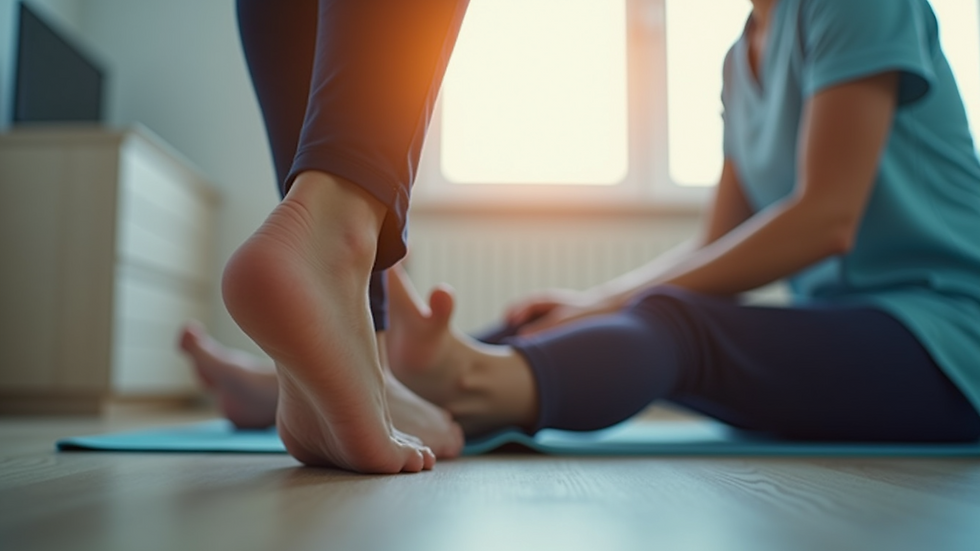 Eye-level view of a physical therapist assisting a patient with foot exercises