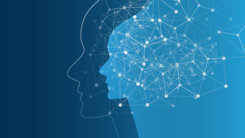 Silhouette of a head filled with a neural network pattern on a blue gradient background, symbolizing sytems thinking and connectivity.