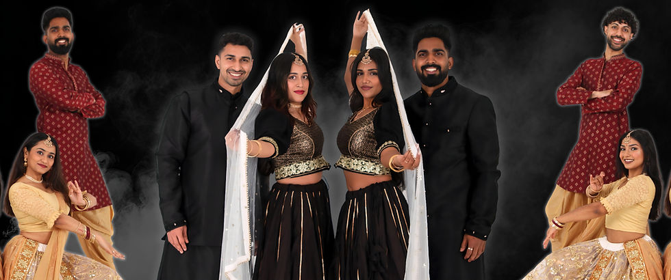 Bollywood performance group on stage in costume, advertising professional Bollywood and Latin dancers for hire in Manchester and the North West.