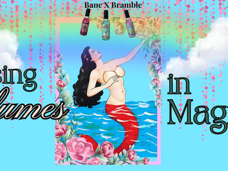 Colorful promotional artwork featuring the mermaid La Sirena surrounded by flowers and holding seashells, with three Banexbramble cologne waters above her. The image promotes the use of magical perfumes and colognes in folk witchcraft, set on a vibrant blue and pink glitter background with floral accents.