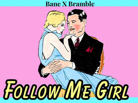 Bane X Bramble Follow Me Girl Spells & Workings, used in Wicca, paganism, magic, folk magic, witchcraft, conjure, voodoo, and spells for men, love spells for straight men, love spells for men. depicting a pink and blue label with a vintage illustration of a man and woman longingly staring into each others eyes.