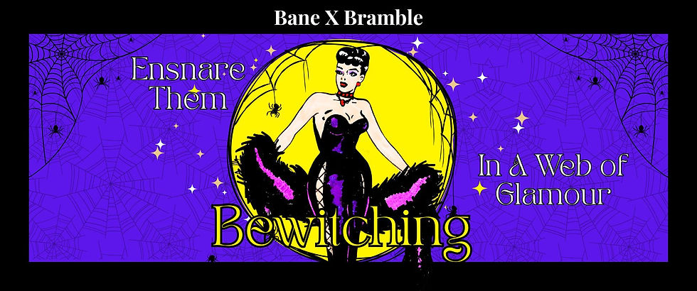 a glamorous woman in a dark-purple skin-tight dress, in a dark purple mink stole slipping off her shoulders, standing in front of a yellow moon with spider webs, on a background with stars. Text says "bewitching" and "ensnare them in a web of glamour"