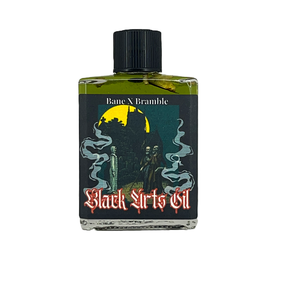 Clear bottle with black cap with Bane X Bramble- branded labeled "Black Arts Oil" Features a classic image of Dr John Dee and Edward Kelly, two wizards conjuring a ghost in a churchyard on a moonlit night. 
Image is on black background. 
