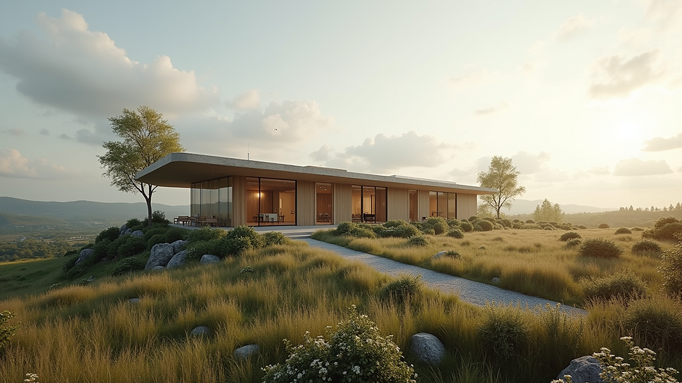 Wide angle view of a sustainable building integrated into a natural landscape