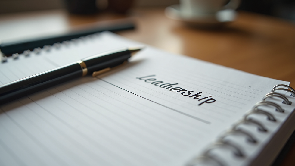 Close-up view of a notebook with leadership notes and a pen on a wooden desk