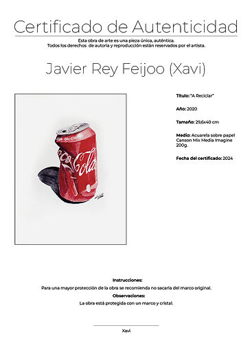 Certificado de autenticidad de una obra de arte de Xavi, Javier Rey Feijoo