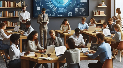Create a welcoming, modern classroom scene focused on advanced learning. Show a diverse gr