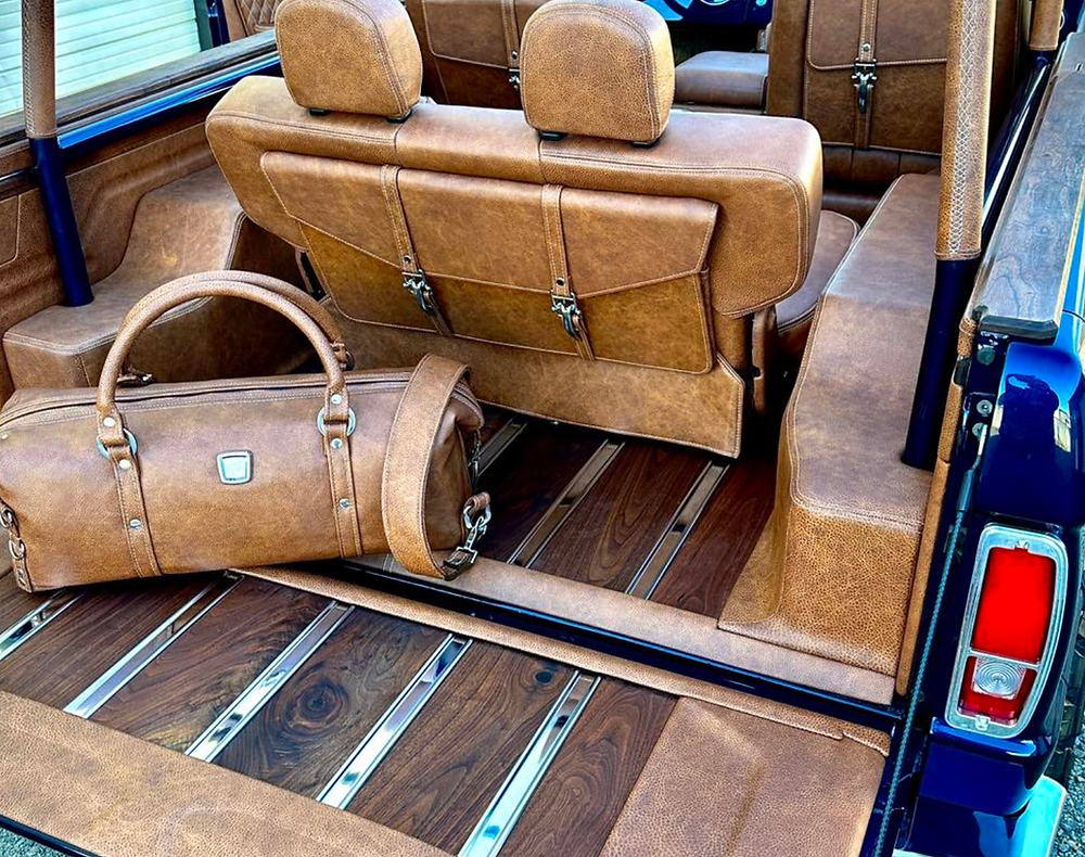 Luxurious brown leather interior of 1977 Bronco