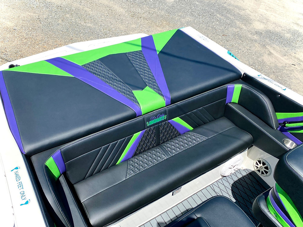 Black, green, purple marine boat interior