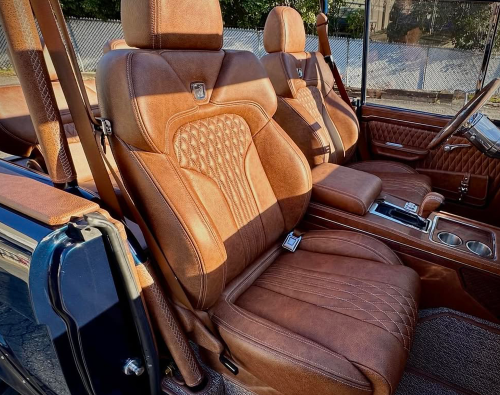 Luxurious brown leather interior of a 1977 Bronco