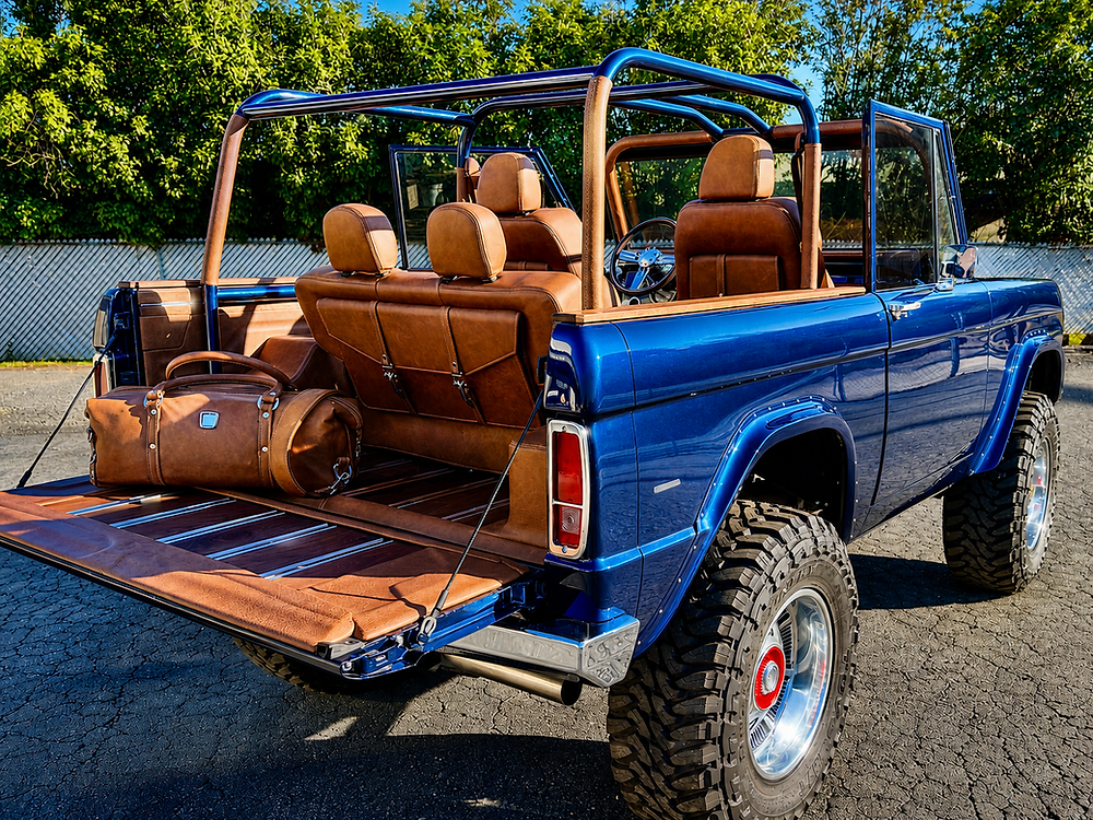 Custom blue Bronco with wood bed and leather interior