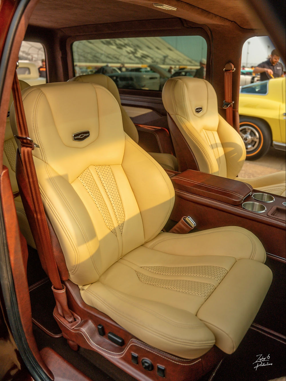 Interior of a 1977 Blazer with tan leather seats