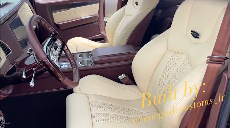 Custom 1977 Blazer interior with cream and brown seats.
