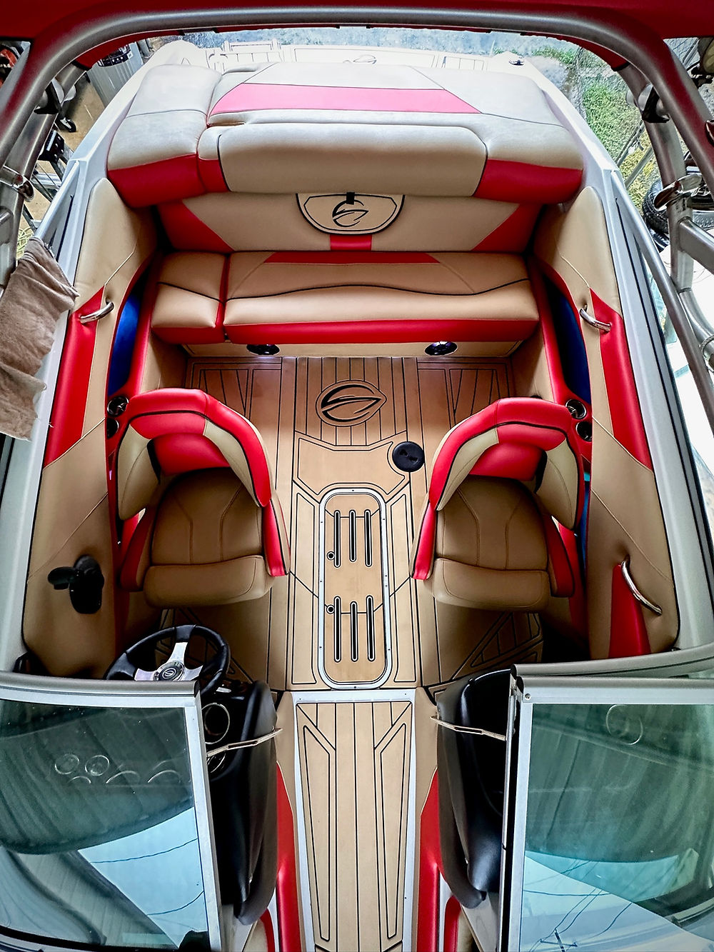 Stylish marine boat interior with red and beige seats