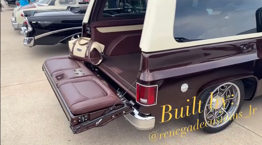 Custom 1977 Blazer with open tailgate, leather interior