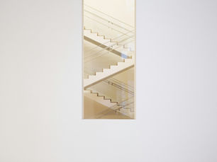 Painting of stairs with white wooden frame.