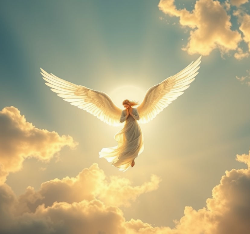 angel flying in the sky in front of the sun