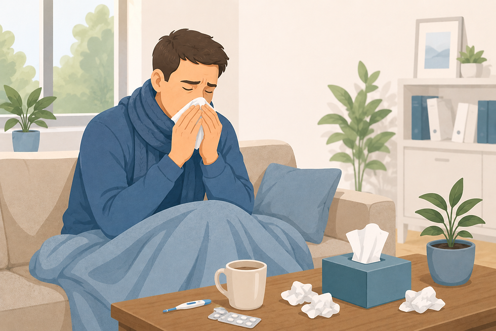 Patient mit Erkältungs- oder Grippesymptomen sitzt mit Decke, Taschentüchern und warmem Getränk auf dem Sofa. Moderne Illustration zum Thema grippaler Infekt und Grippe.