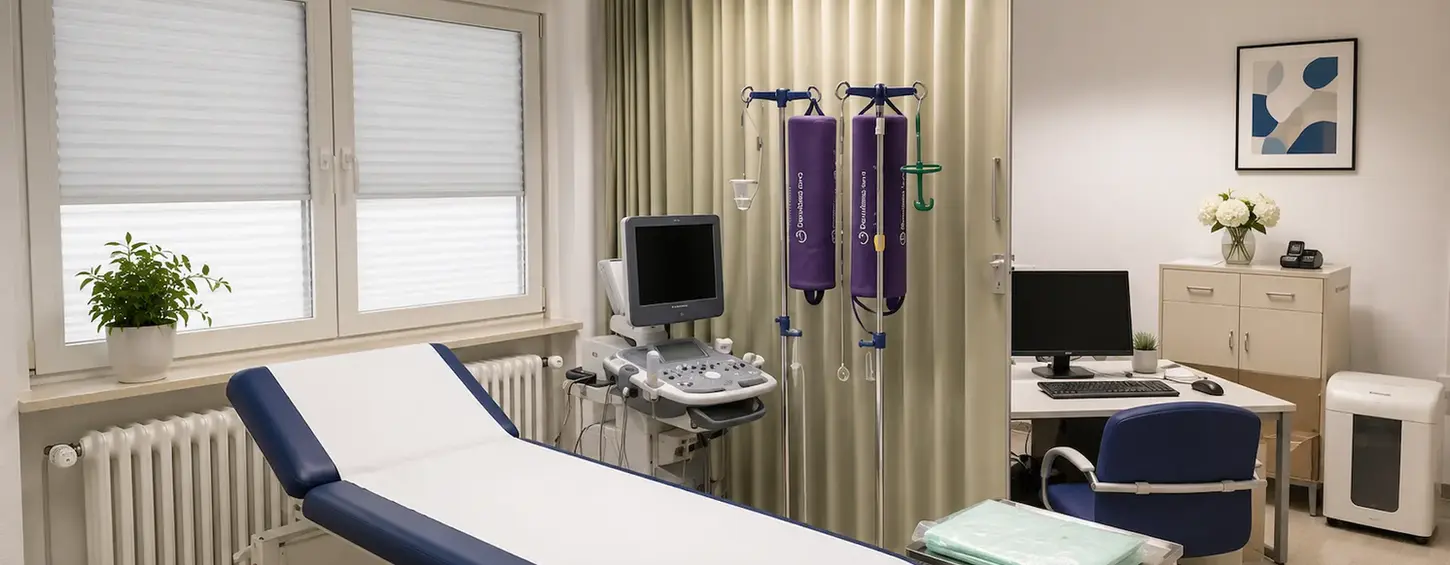 Der Untersuchungsraum ist modern ausgestattet und bietet eine ruhige Umgebung für Diagnostik, Untersuchungen und persönliche Gespräche. Die helle Gestaltung schafft eine angenehme Atmosphäre für Patientinnen und Patienten.