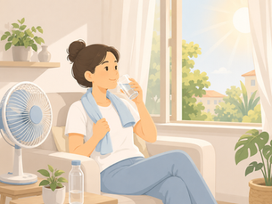 Illustration einer Frau, die sich an einem heißen Sommertag mit Wasser, Ventilator und einem kühlen Tuch abkühlt.